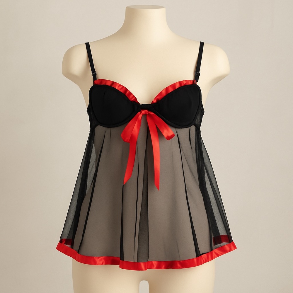 Victoria's Secret Black Red‎ Mesh Babydoll Lingerie 34C